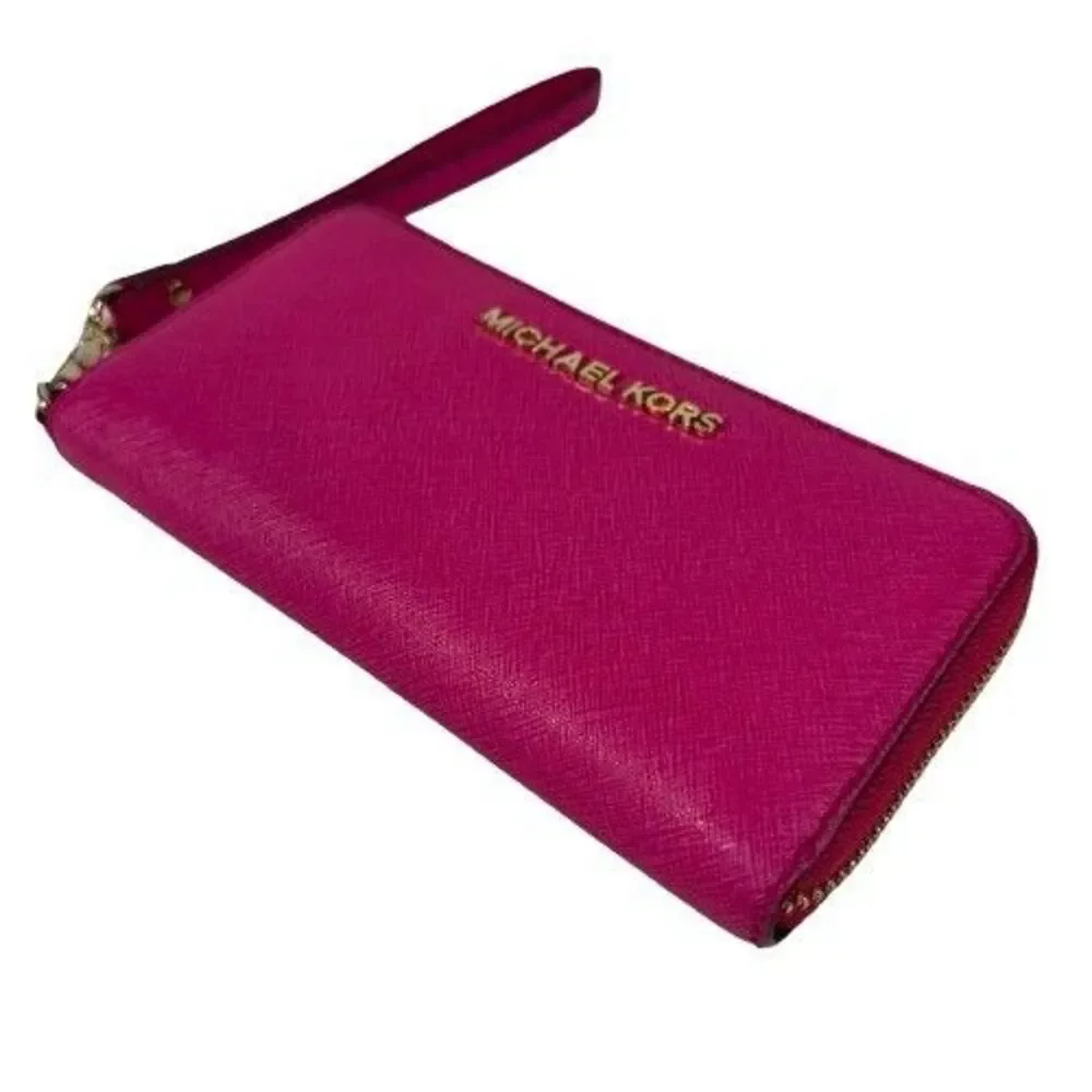 Michael Kors Jet Set Travel Continental Wristlet Wallet Pink Saffiano Leather